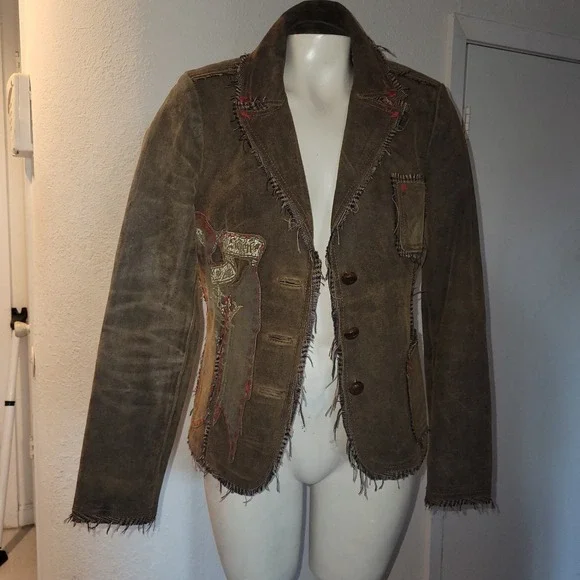 RAW Vintage Distressed Brown Suede Leather Blazer Jacket Applique Buttons M sexy - Picture 8 of 16